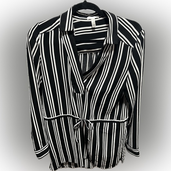 Leith Black Strip Faux Wrap Blouse With Waist Tie M (D1) - Picture 3 of 6